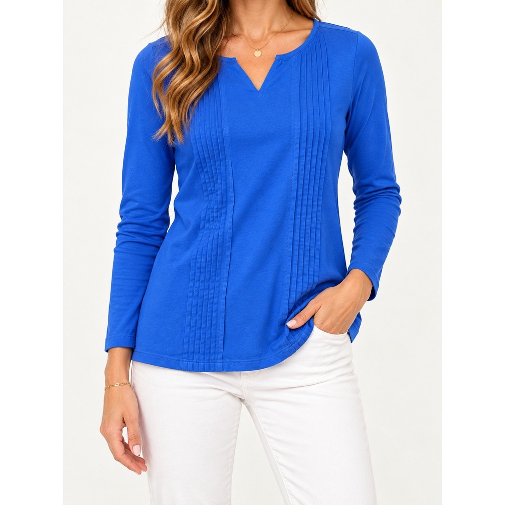 Lands End Royal Blue Pintuck Pleated Tunic Top Split Neck Long Sleeve S/T 6-8